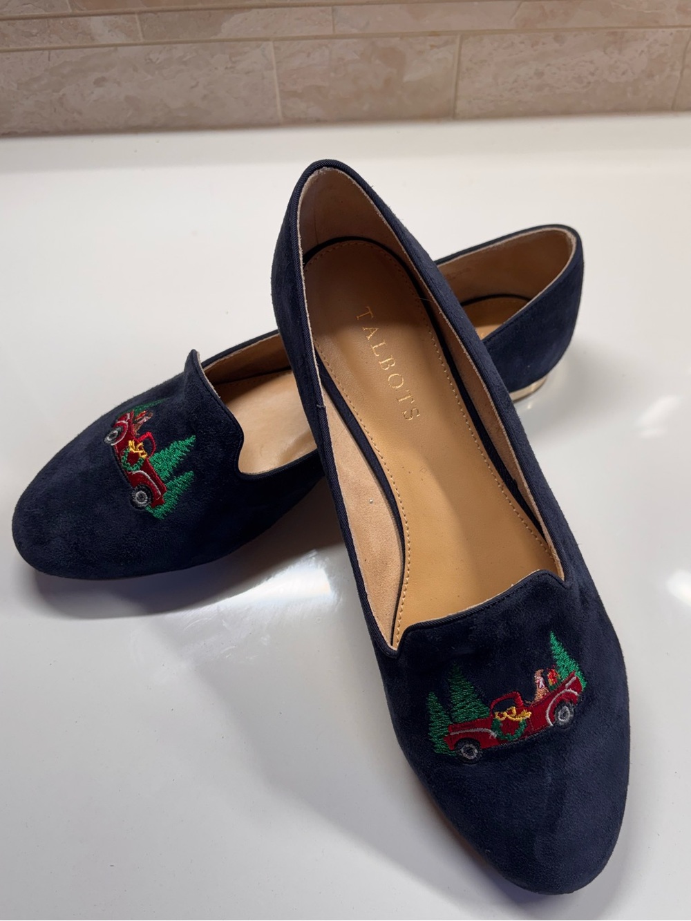 Talbots Suede Loafers Embroidered Winter Christmas Theme Red Truck Dog & Tree